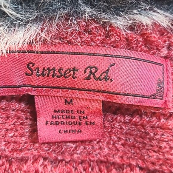 Sunset Rd Red Cardigan Sweater, Tie Front,Short Sleeves, Faux Fur Collar, Medium - Picture 6 of 7